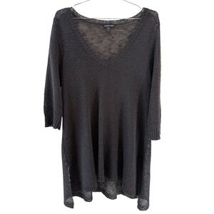 EILEEN FISHER Linen Blend Open Knit V-neck Tunic Sweater • Medium •‎ gray